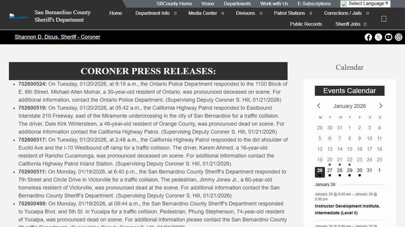 SAN BERNARDINO COUNTY CORONER Press Releases – San Bernardino County Sheriff's Department